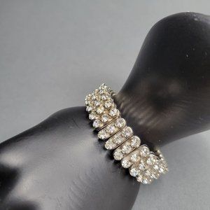 Silver Tone Expansion Bracelet Three Rows of White Crystal Accents Vintage 6"